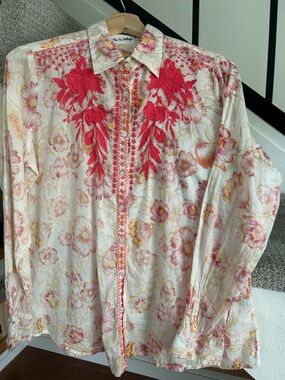 Embroidered Floral Cream Button-Up Blouse with Red Appliqué
